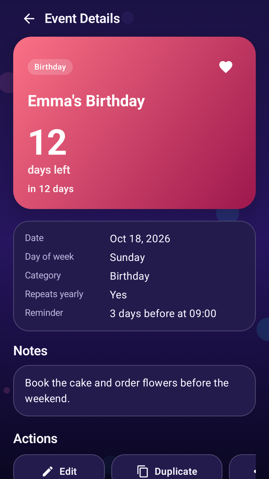 Event details screen