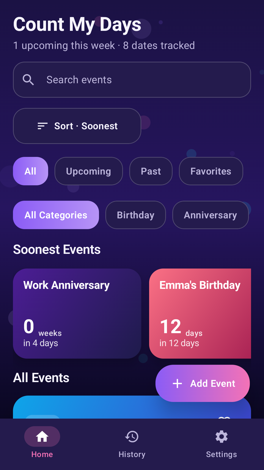 Count My Days home screen