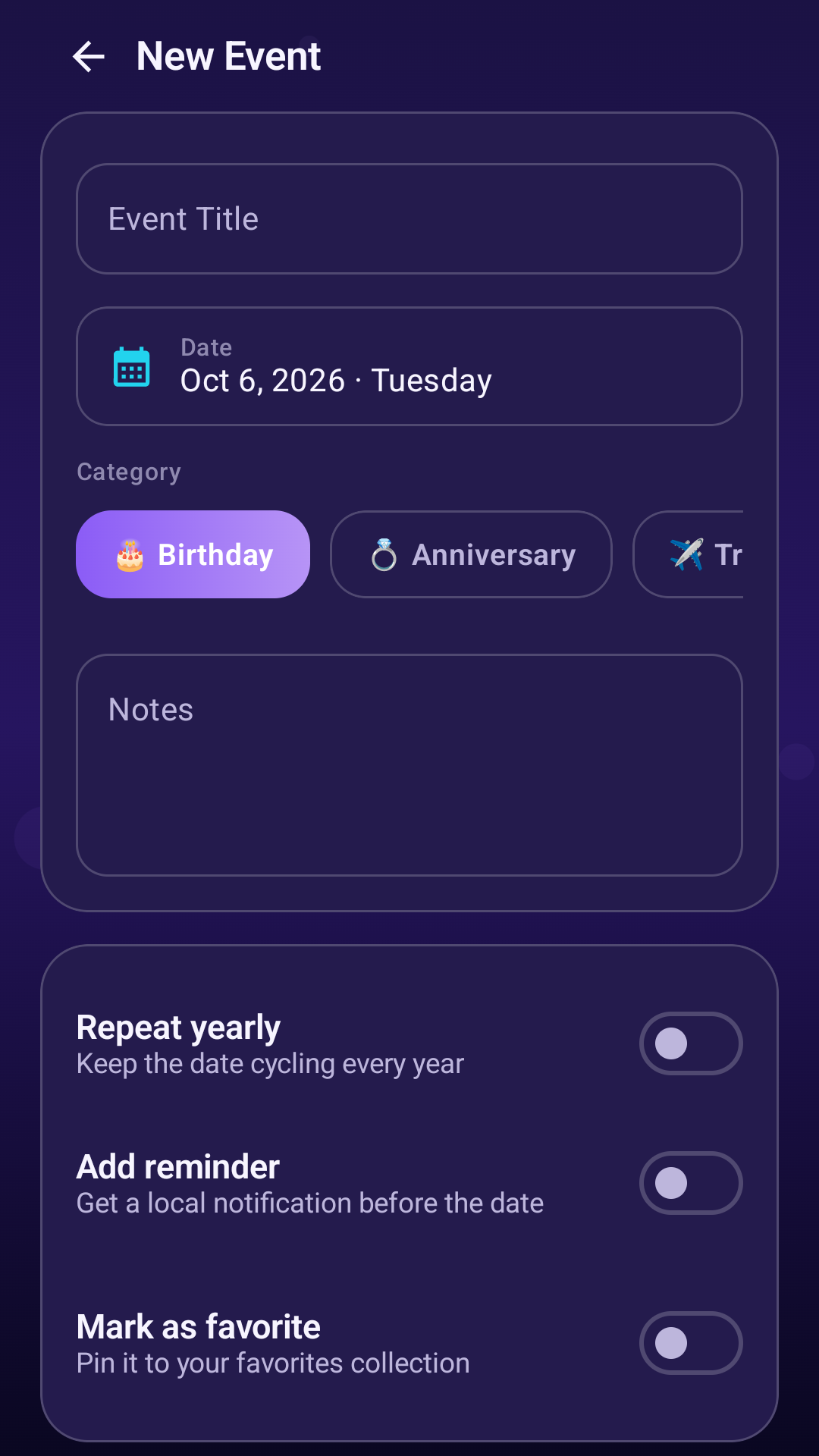 Create event screen